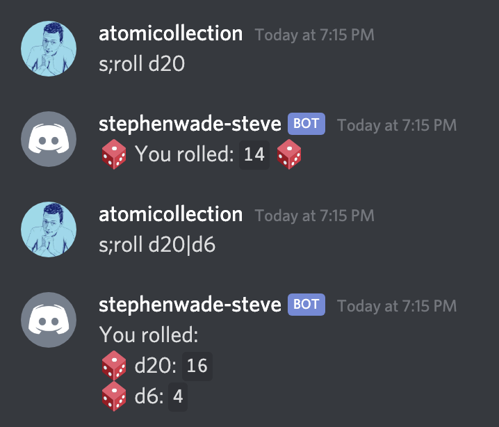 Screenshot of Steve responding to 'roll d20' and 'roll d20|d6'