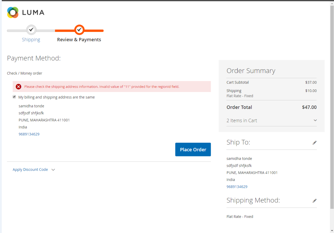 Checkout gives error all the time in case added incorrect shipping info ...