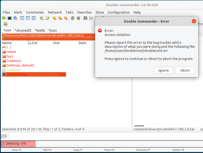 Crash on deleting several files/dirs inside .tar.xz archive · Issue