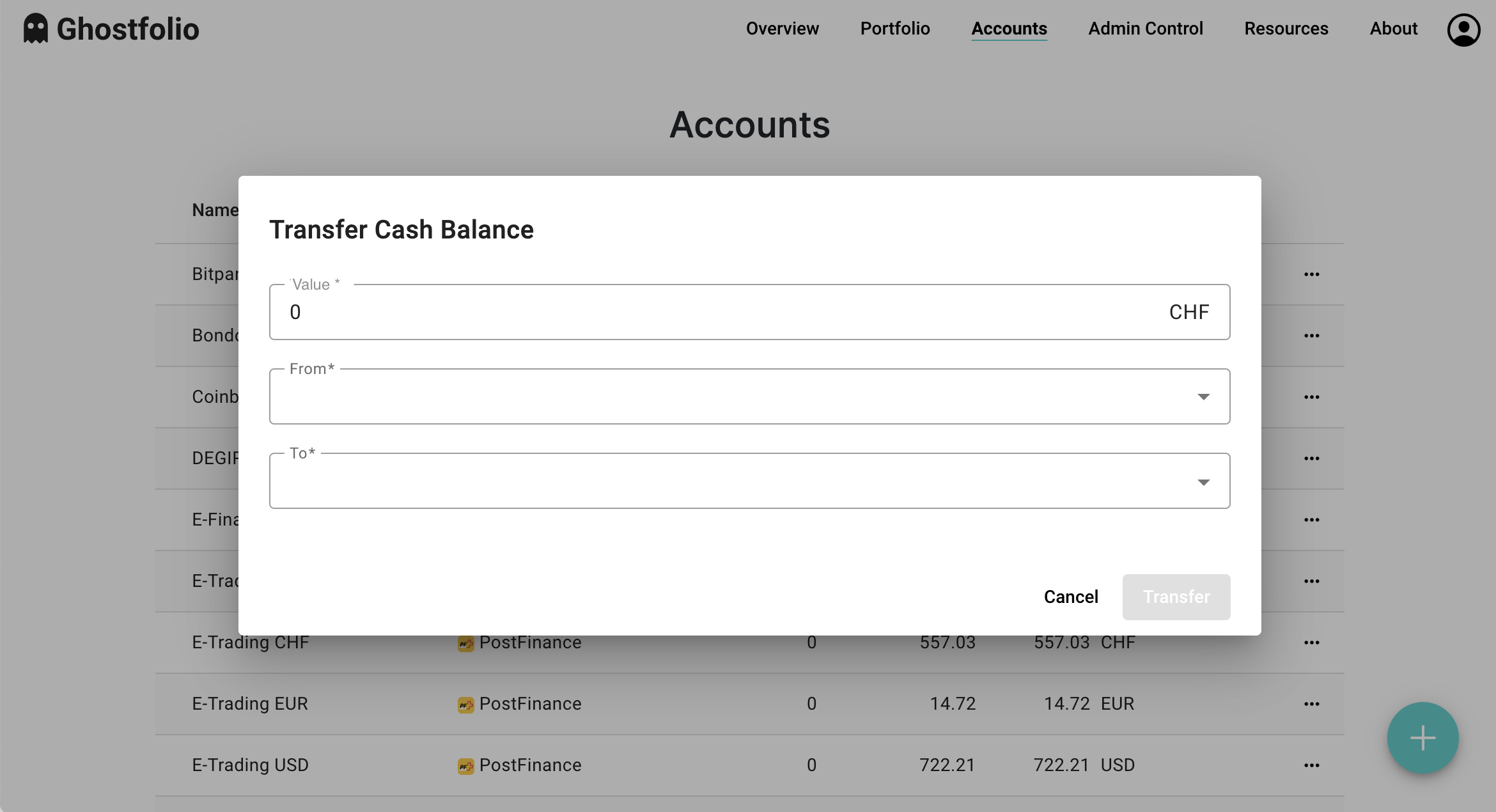 Create form in dialog for cash transfer between accounts · Issue 2432