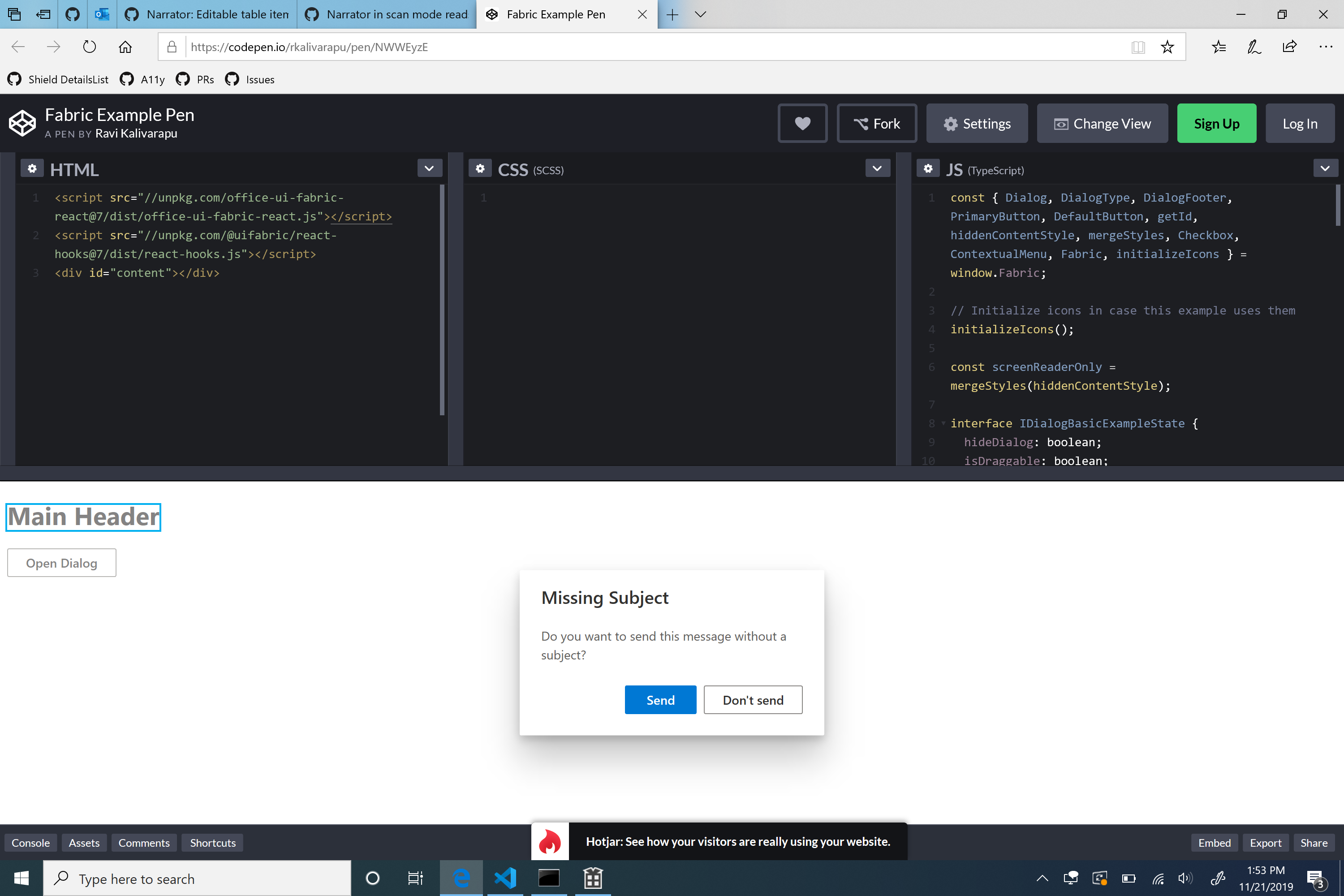 Narrator in scan mode reads header elements behind modal dialog · Issue ...