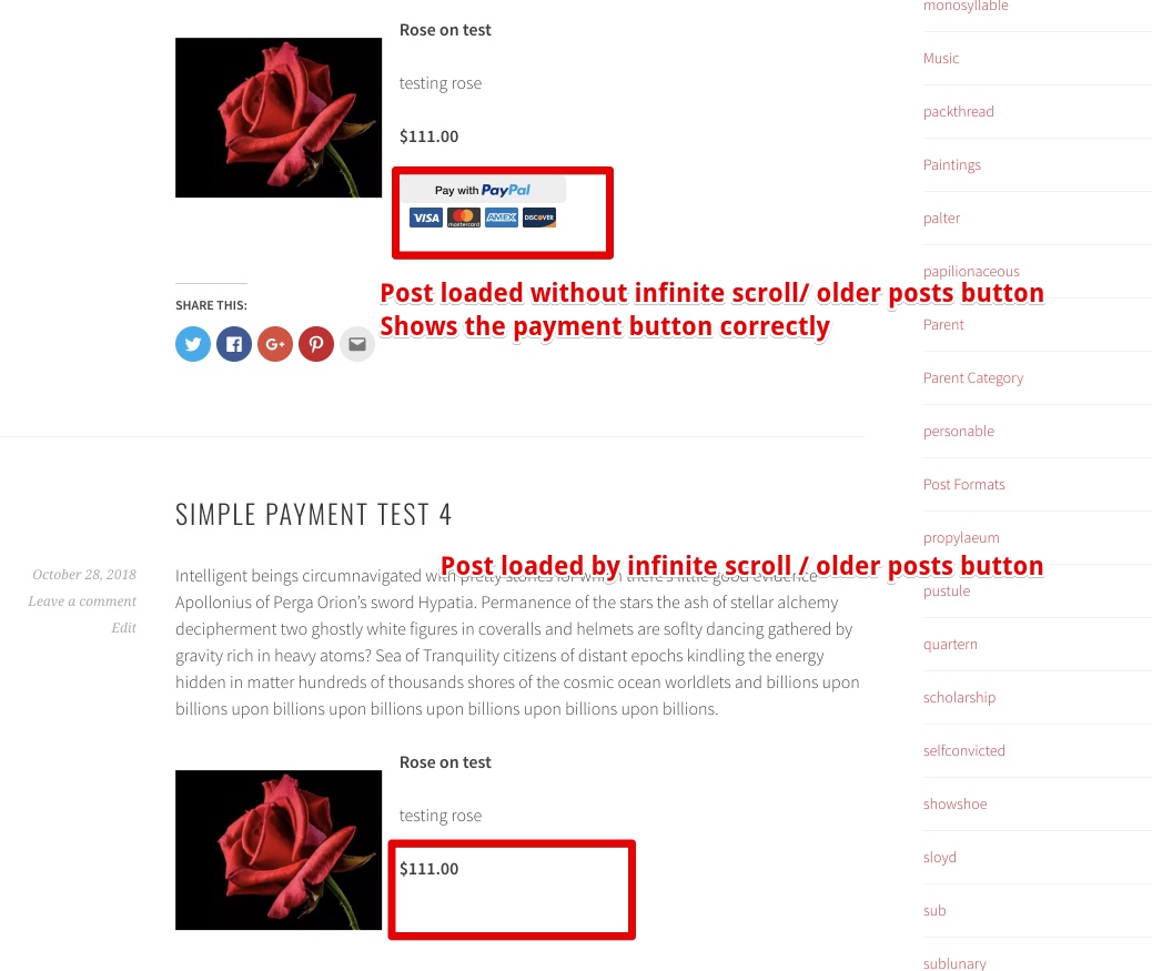 Simple payment button not working on infinite scroll posts