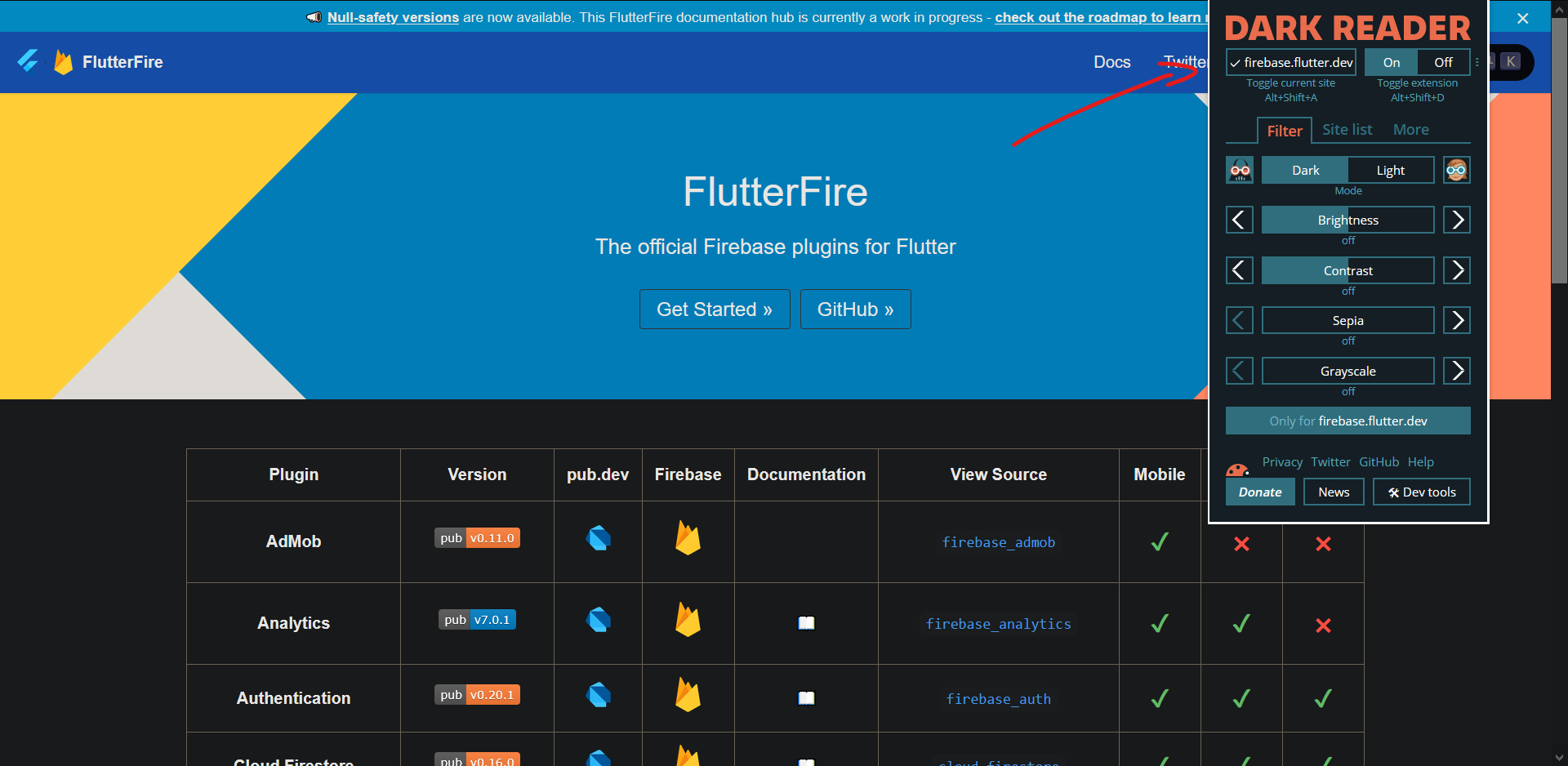 [Broken Website] Cannot toggle mode on https://firebase.flutter.dev ...