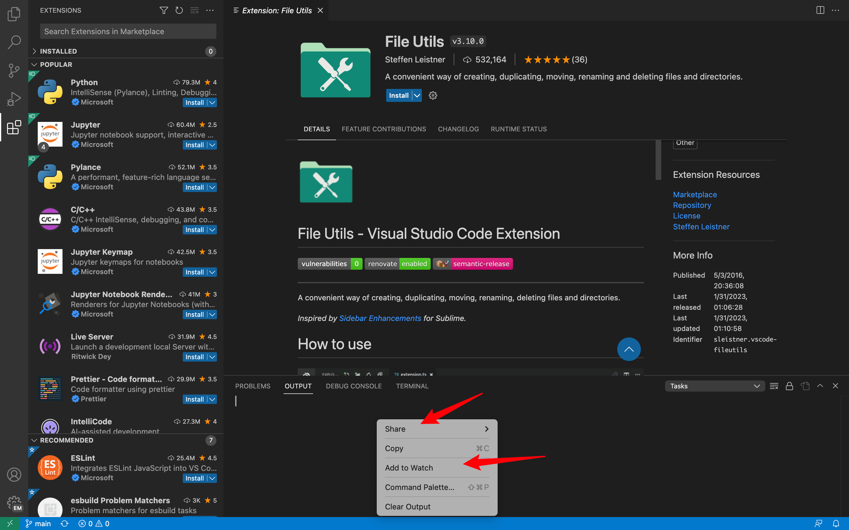 Hide useless context menu items in output panel issue 19259