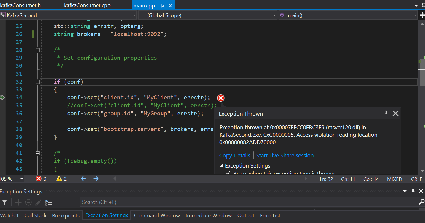 Exception Access violation when trying to access conf>set() using