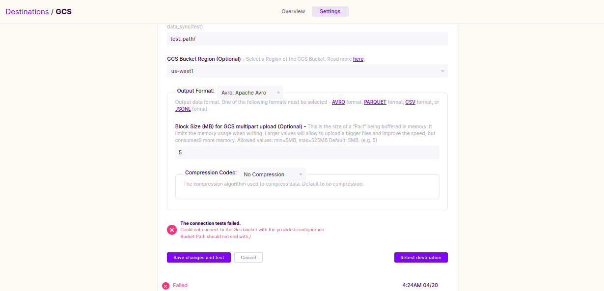 Destination GCS doc error using path with final / · Issue 10912