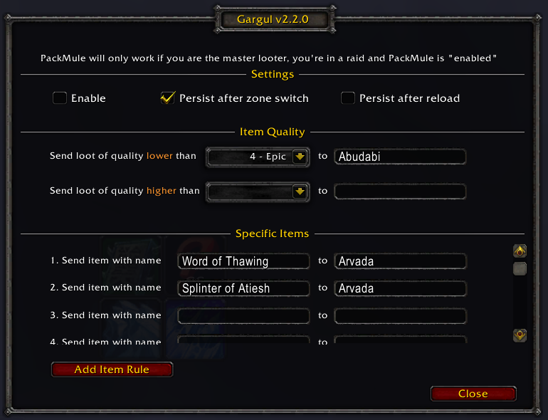 PackMule Settings Window