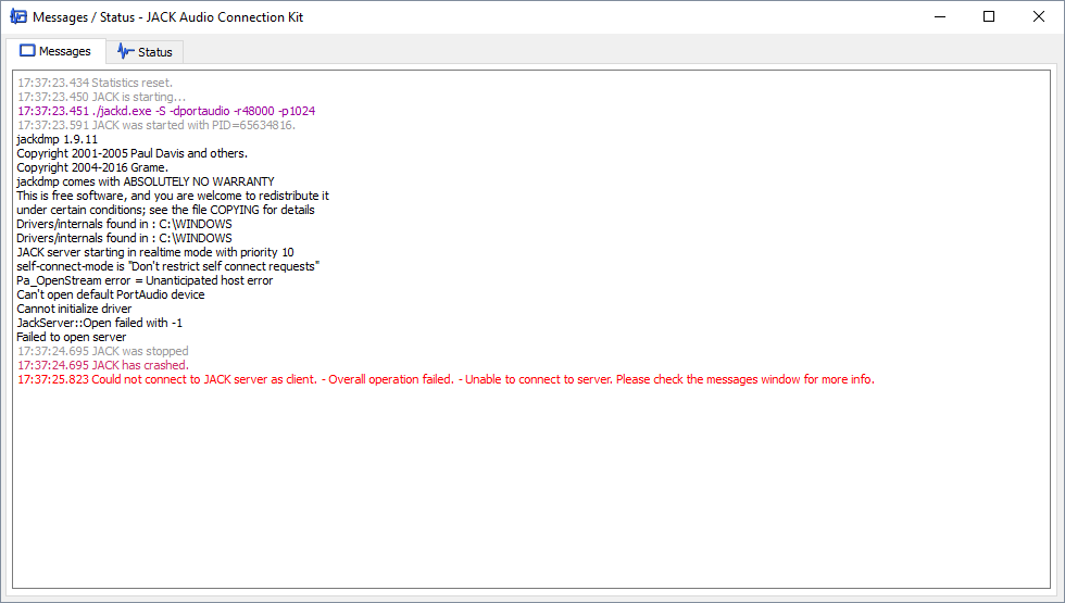 Register Server failed ! (1) / Pa_OpenStream error = Unanticipated