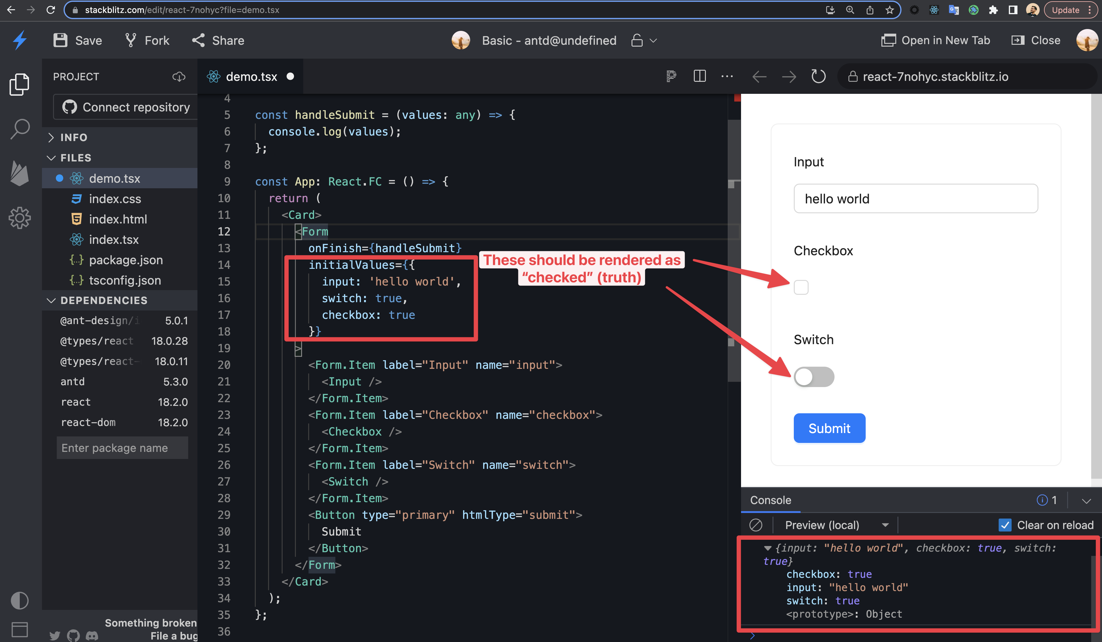 Initial Values for `Checkbox` and `Switch` do not render `truthy ...