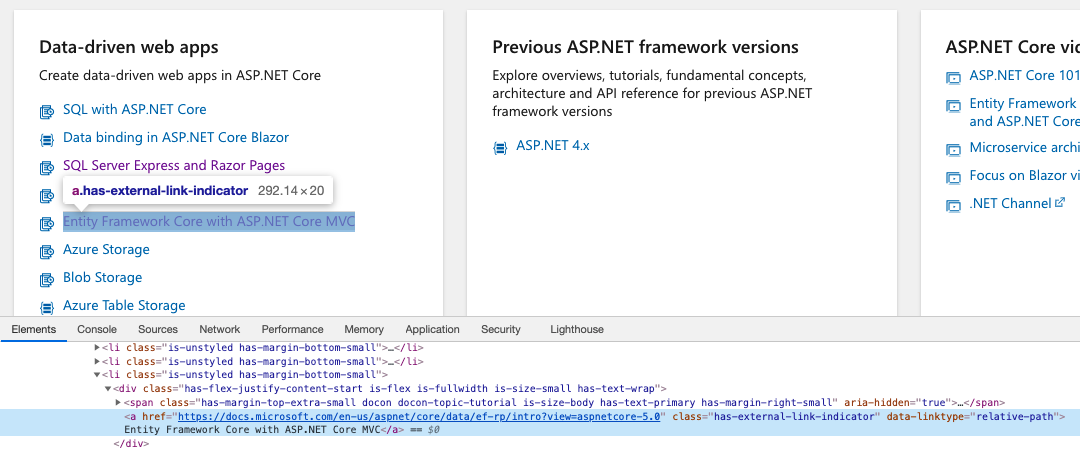"Entity Framework Core with ASP.NET Core MVC" link points to Razor ...