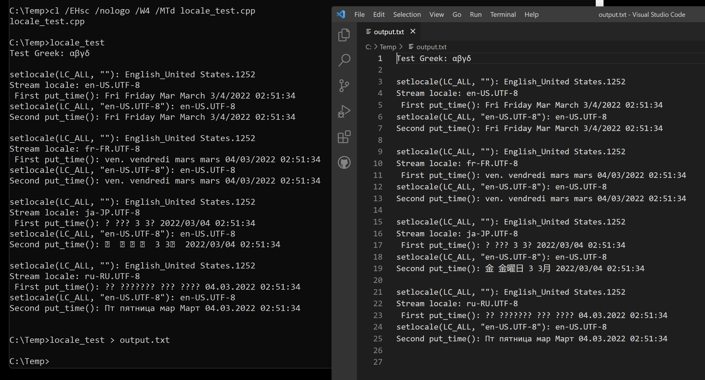 put_time()` prints question marks when the stream locale is UTF8 but
