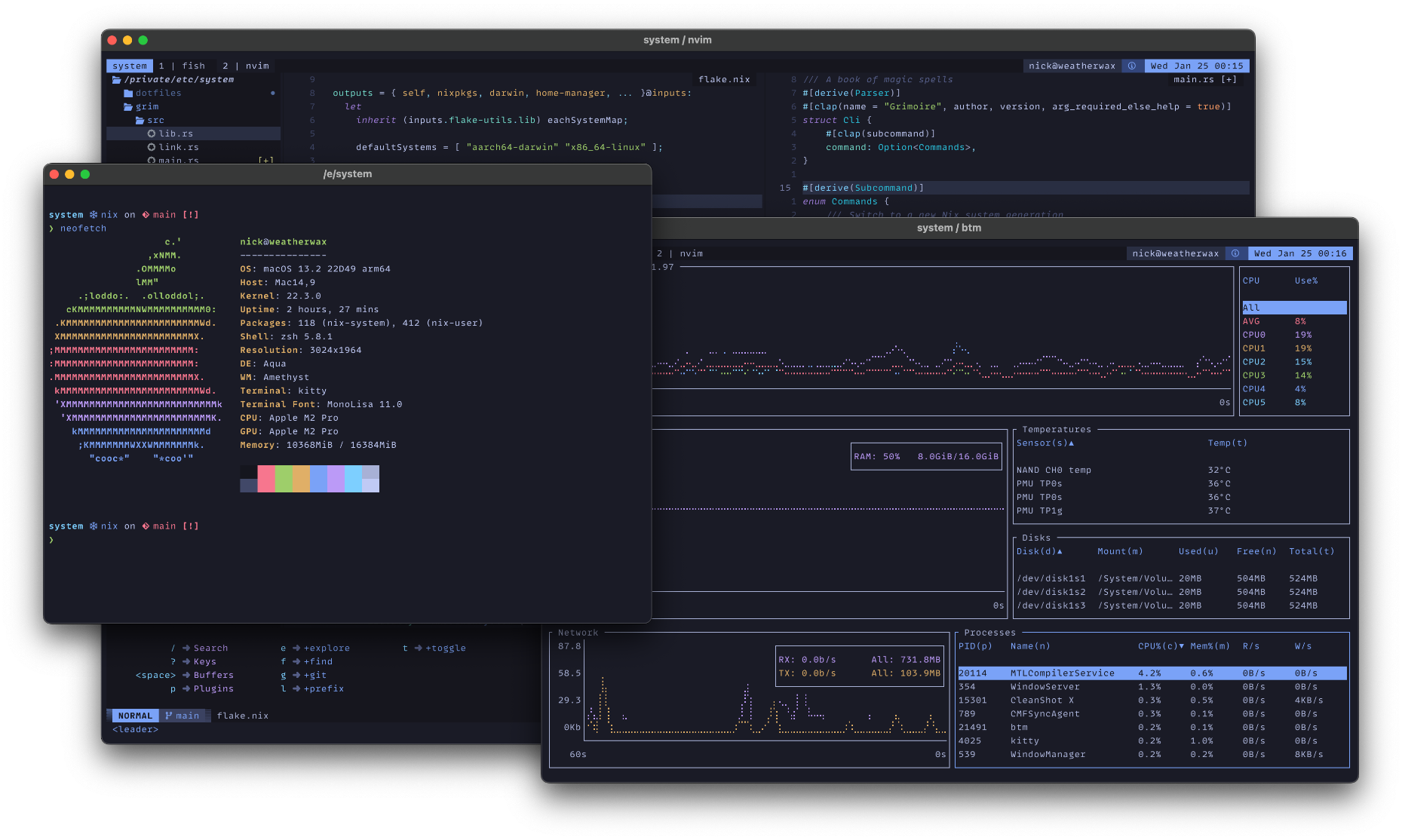 A collection of terminal emulator windows runnning neofetch, btm, and Neovim