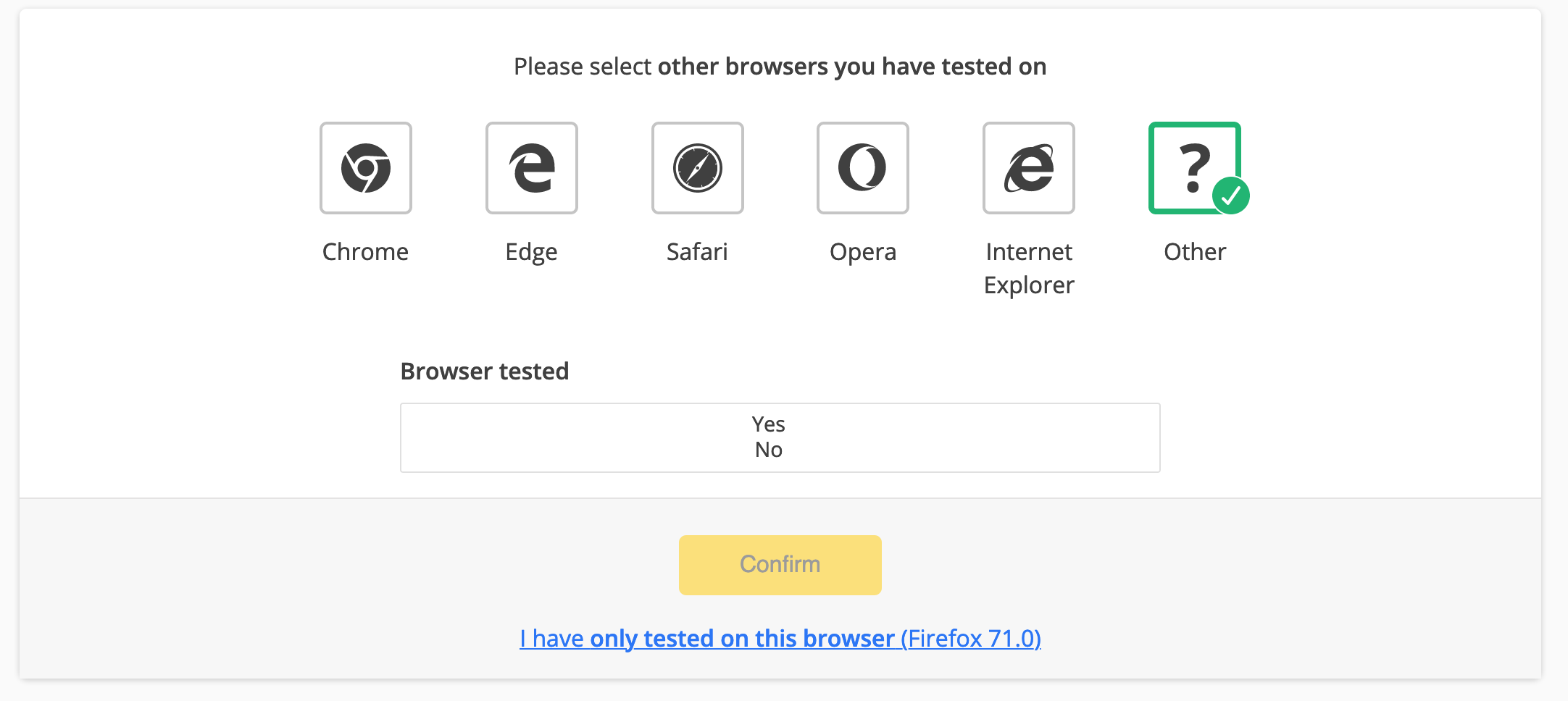 Selecting "Other" from browser selection presents an interesting text ...