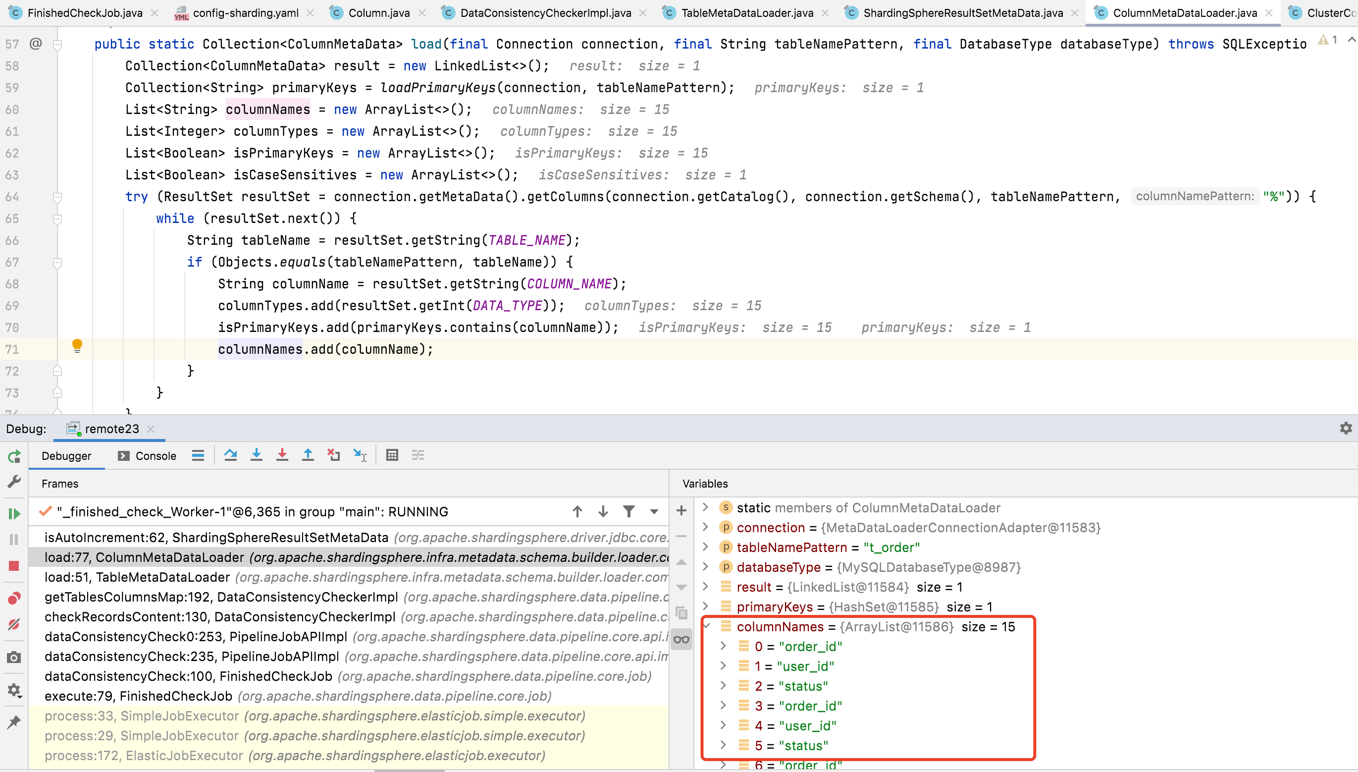 ColumnMetaDataLoader.load throw exception on ShardingSphereDataSource