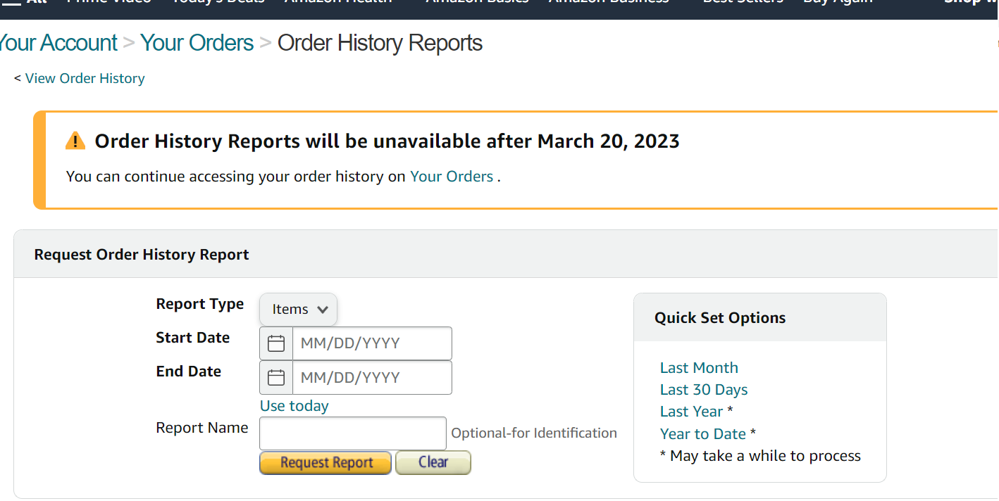 Amazon Order History Reports will be sunset after March 20th · Issue