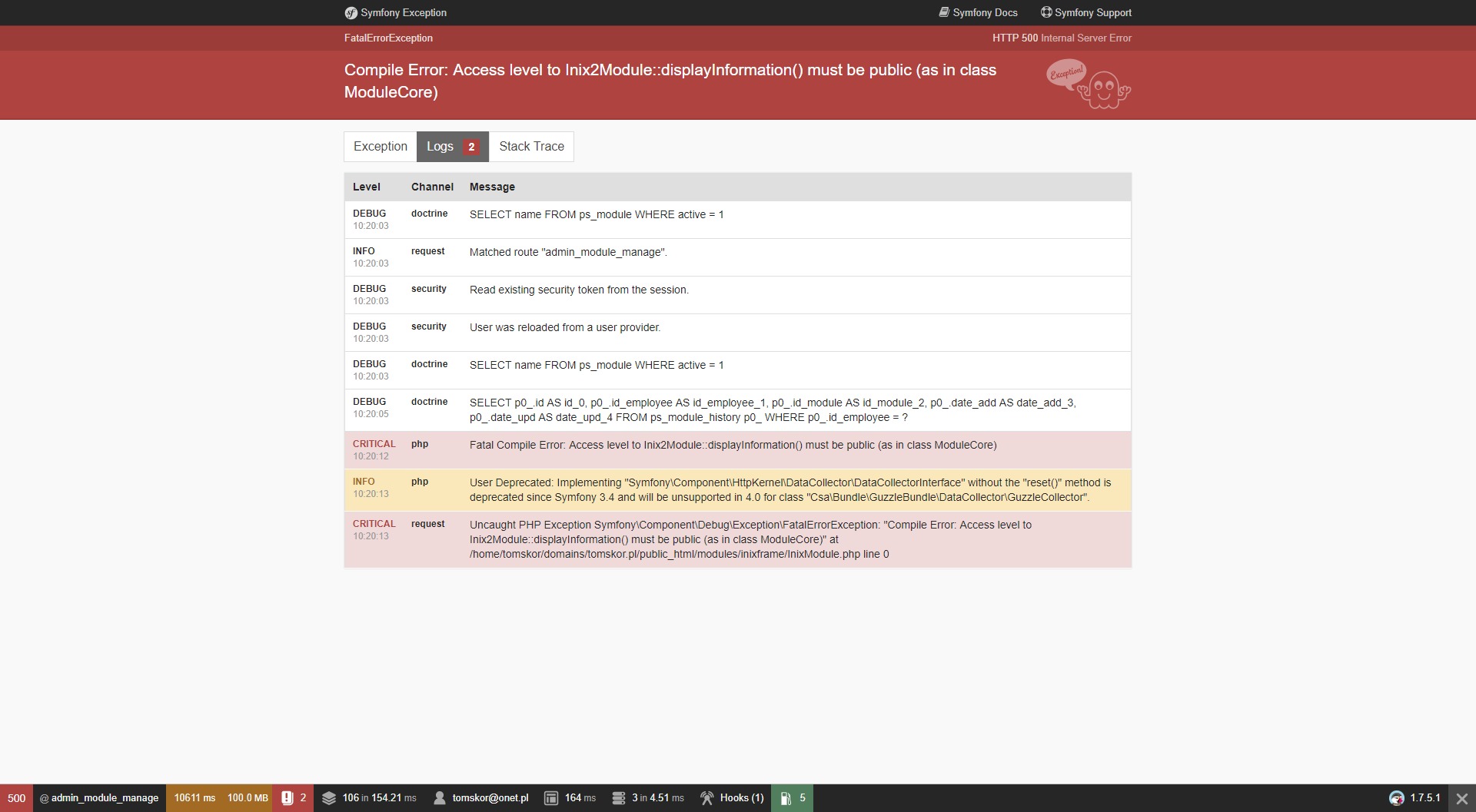 ERROR 500 in many BO tabs after upgrade 1.7.5.1 · Issue #12652 ...