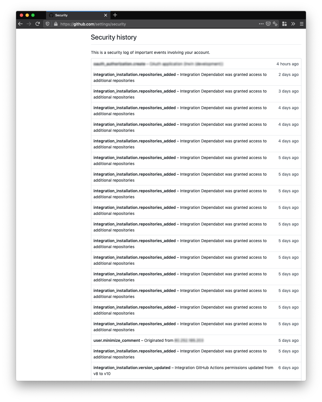 GitHub Security history: "Integration Dependabot was granted access to ...