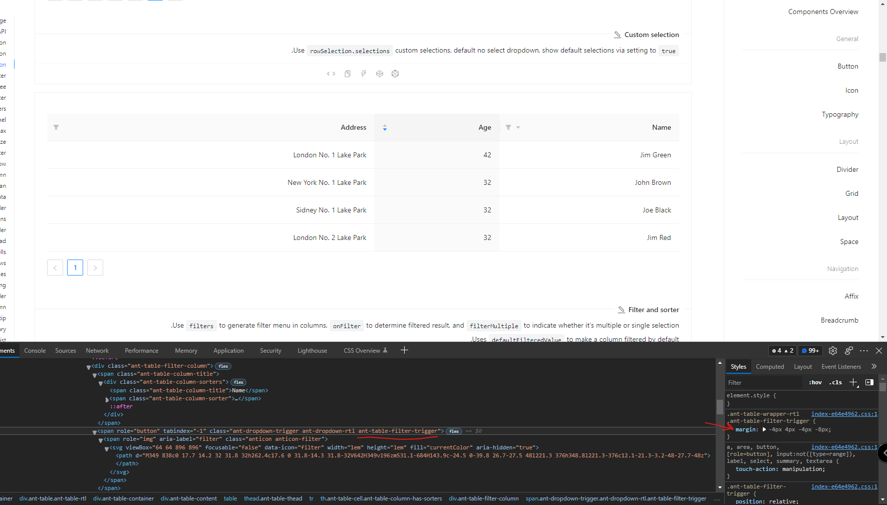Filterbutton overlaps with sorterbutton in table column in rtl mode