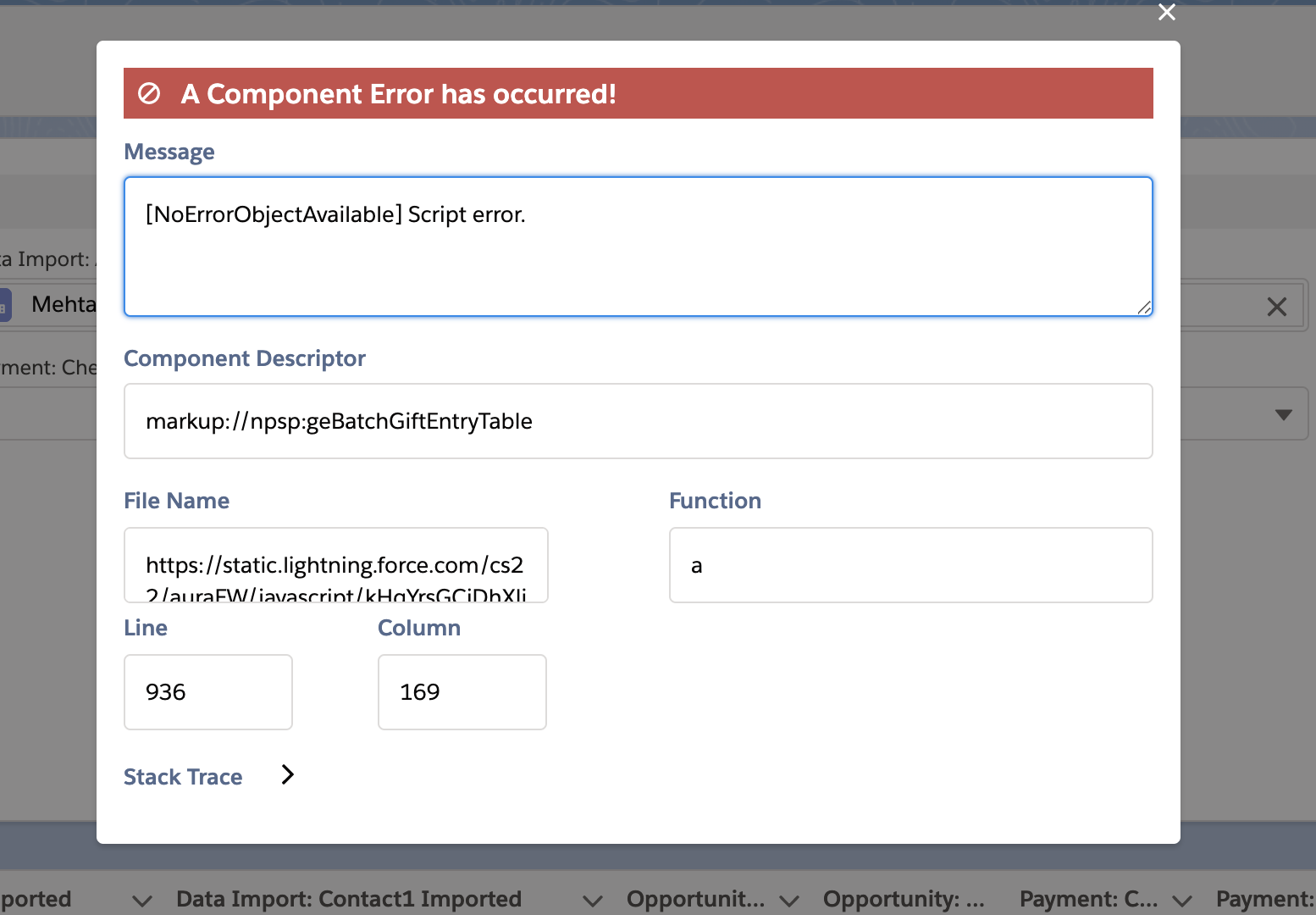 Gift entry Open in batch table throwing component error when