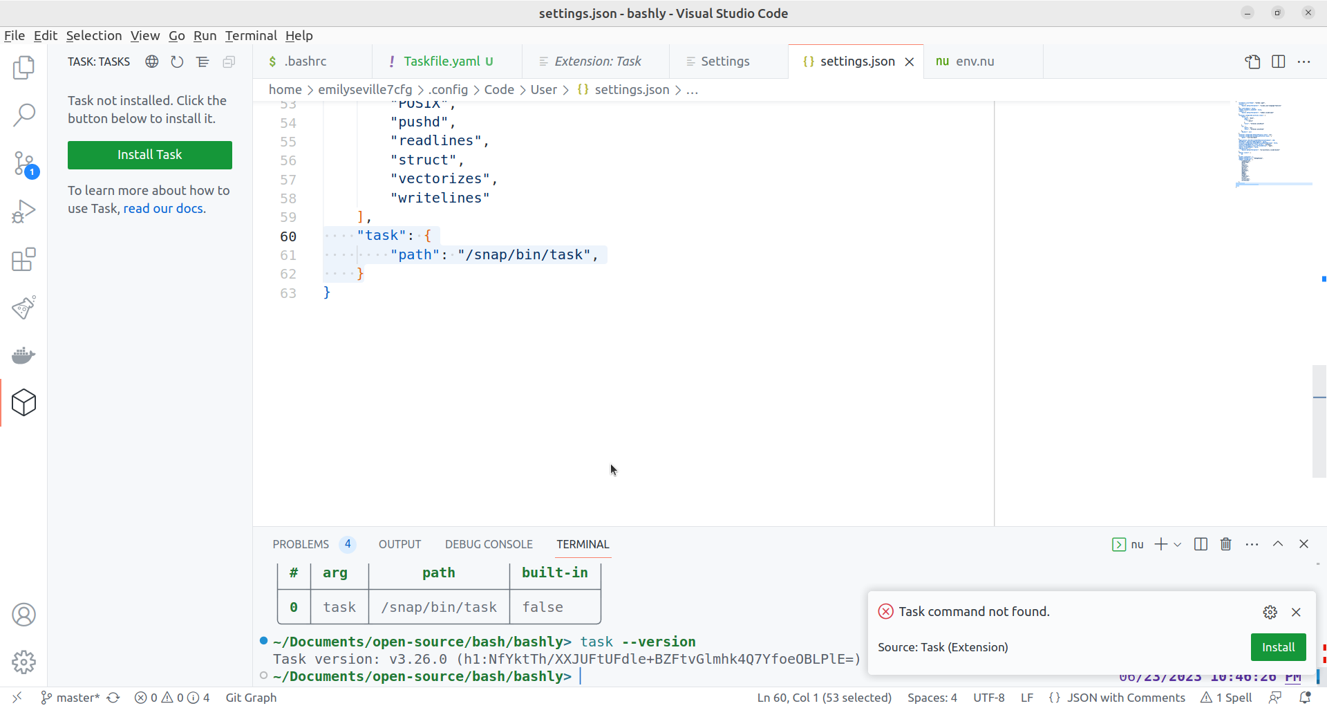 VS Code extension complains about `task` not being installed while it ...