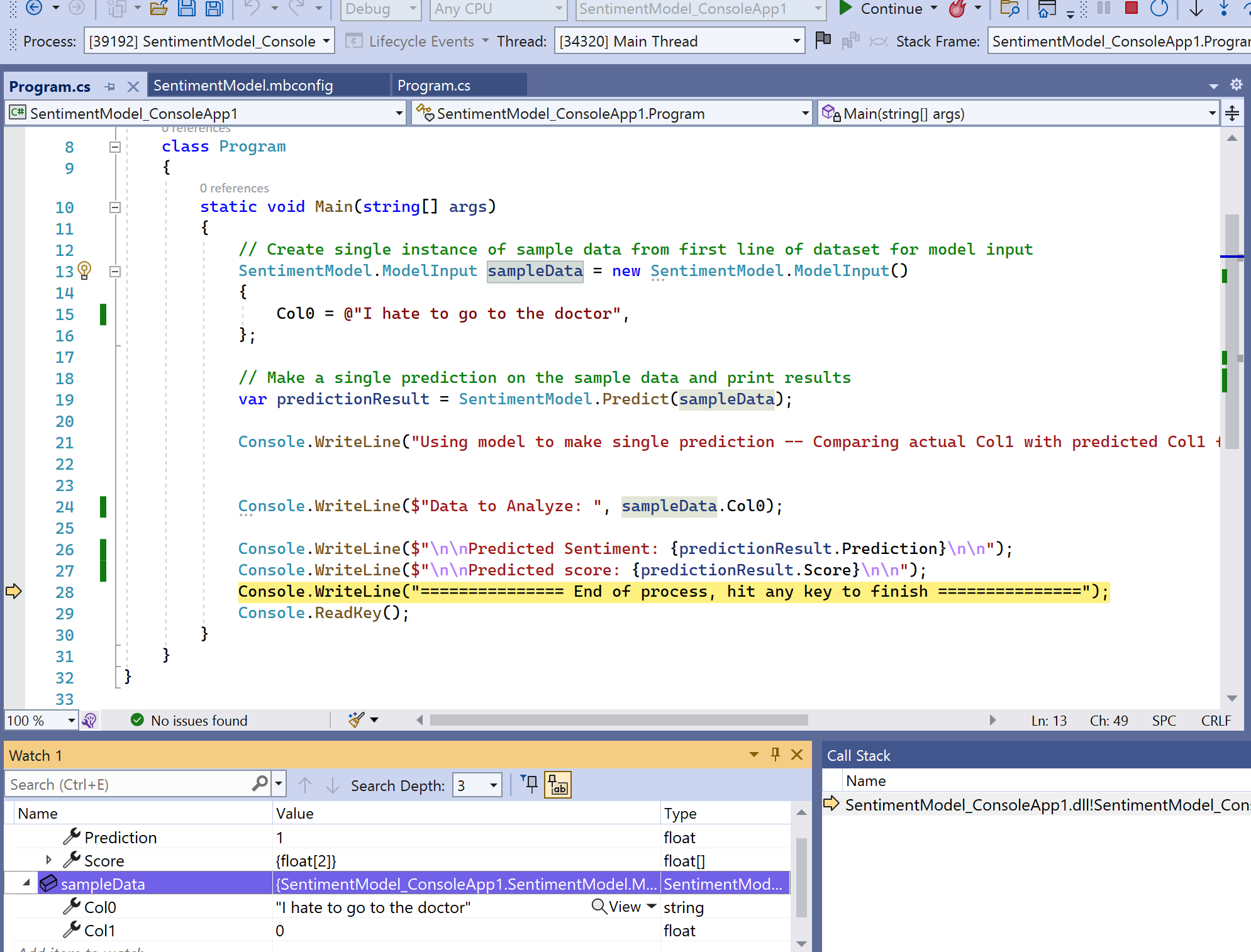 ML Sentiment Model does not populate score · Issue #1915 · dotnet ...
