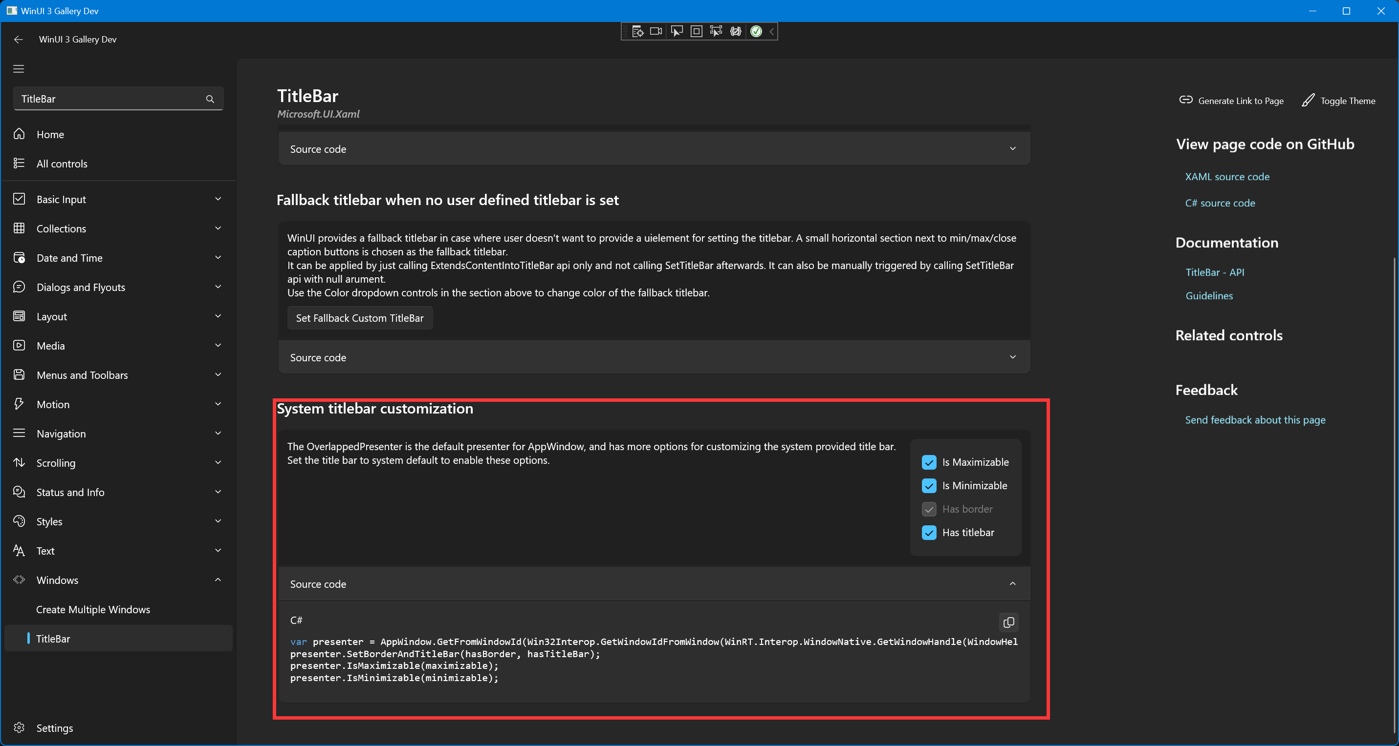 Add title bar customization, separate xaml and csharp code for sample1 ...