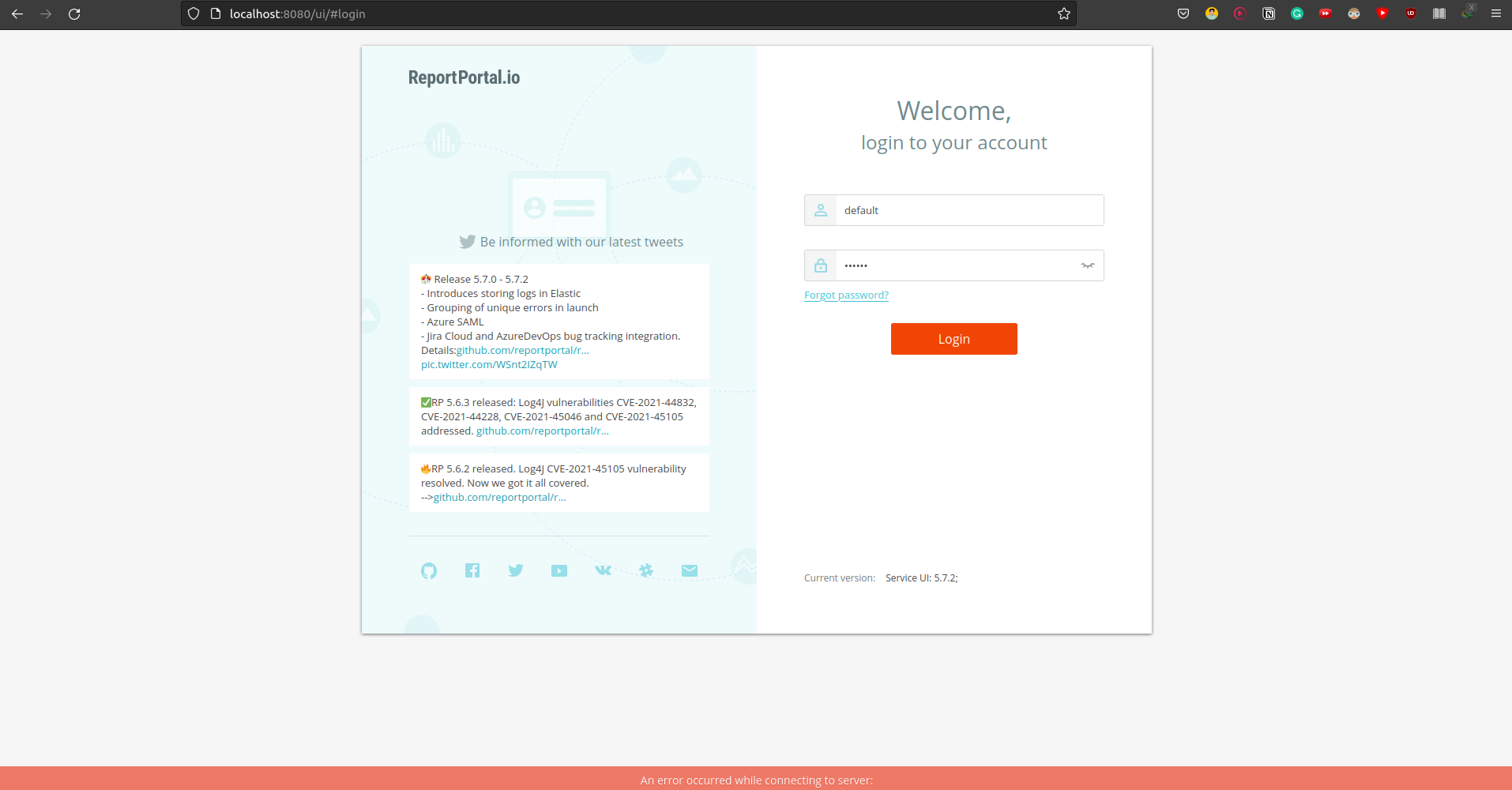 When Started Reportportal through DockerContainer it says 'An Error ...