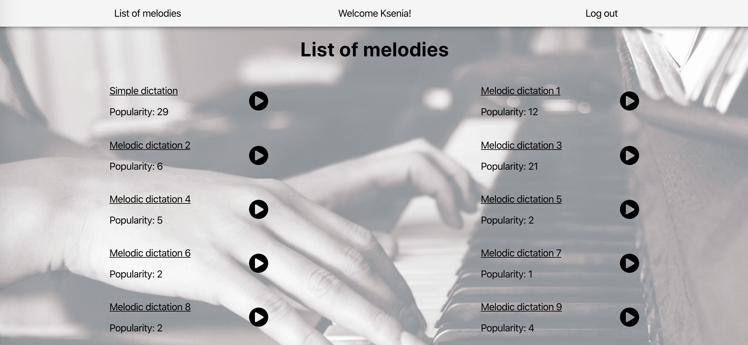 Screenshot of the list of melodies