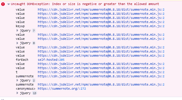 Uncaught DOMException: Index or size is negative or greater