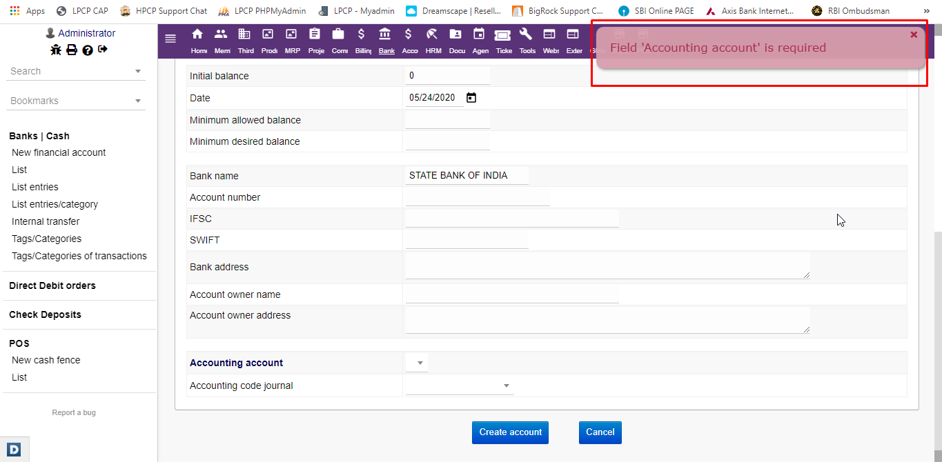 Bug: Accounting Account Code : Field 'Accounting account' is required ...
