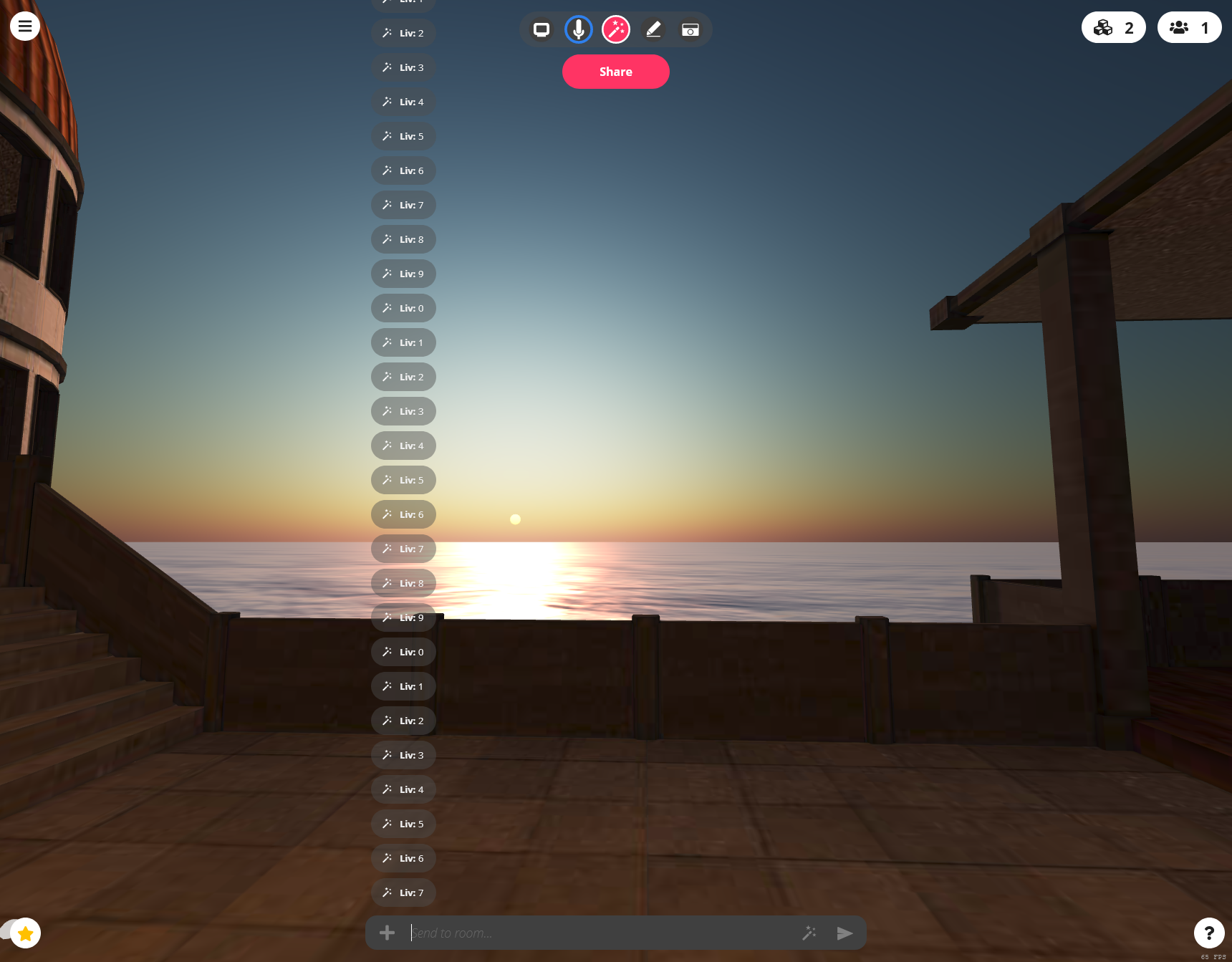 A screenshot of Mozilla Hubs. There are chat bubbles going up the entire page, blocking the 3D content behind it.
