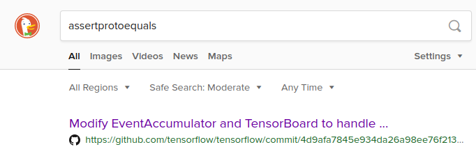 Screenshot of DuckDuckGo search for assertprotoequals: the top result is a TensorBoard commit!