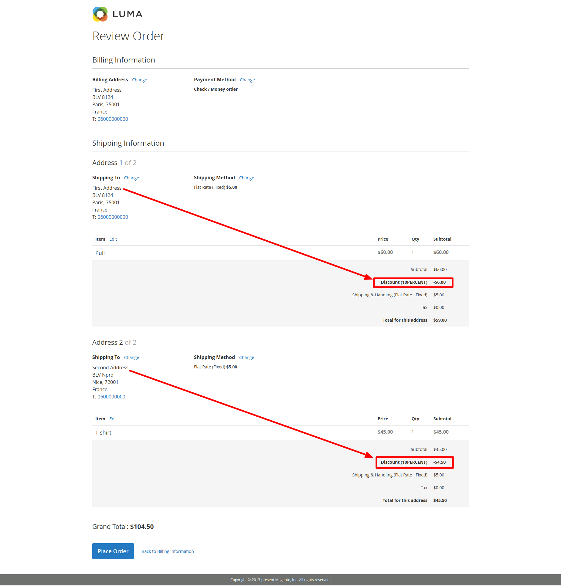 Discount amount (sales rule) not applied in the order items of the first order in [Multishipping