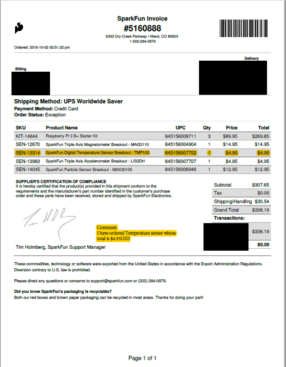 sensor invoice