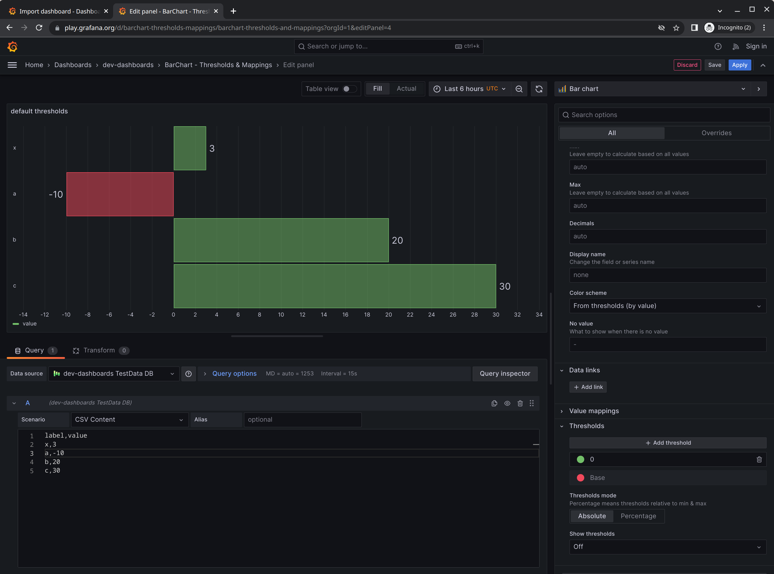 Bar Chart does not change colors when defining Threshold values · Issue