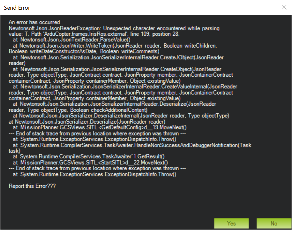 When I go simulation -> copter on windows - The sitl spits out a json ...