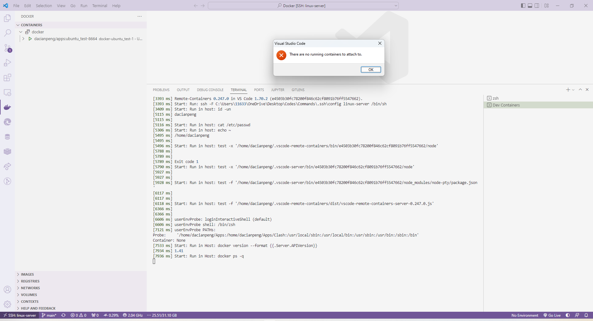 There are no running containers to attach to issue 7109 microsoft