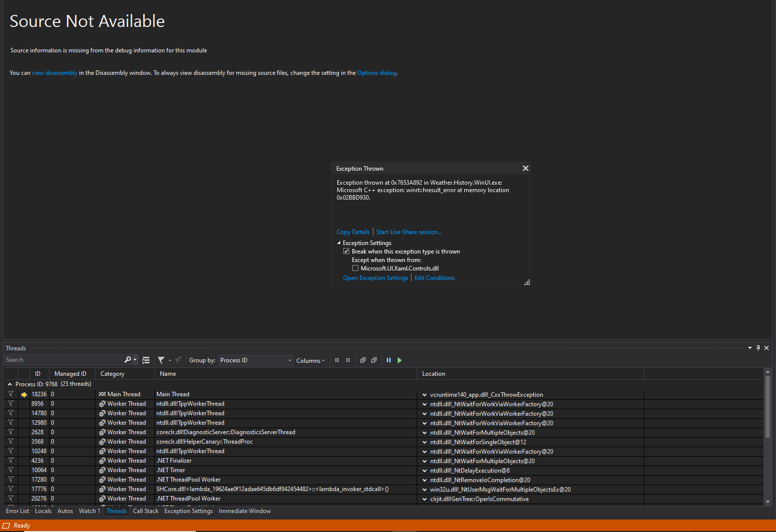 Exception thrown in .exe Microsoft C++ exception winrthresult_error