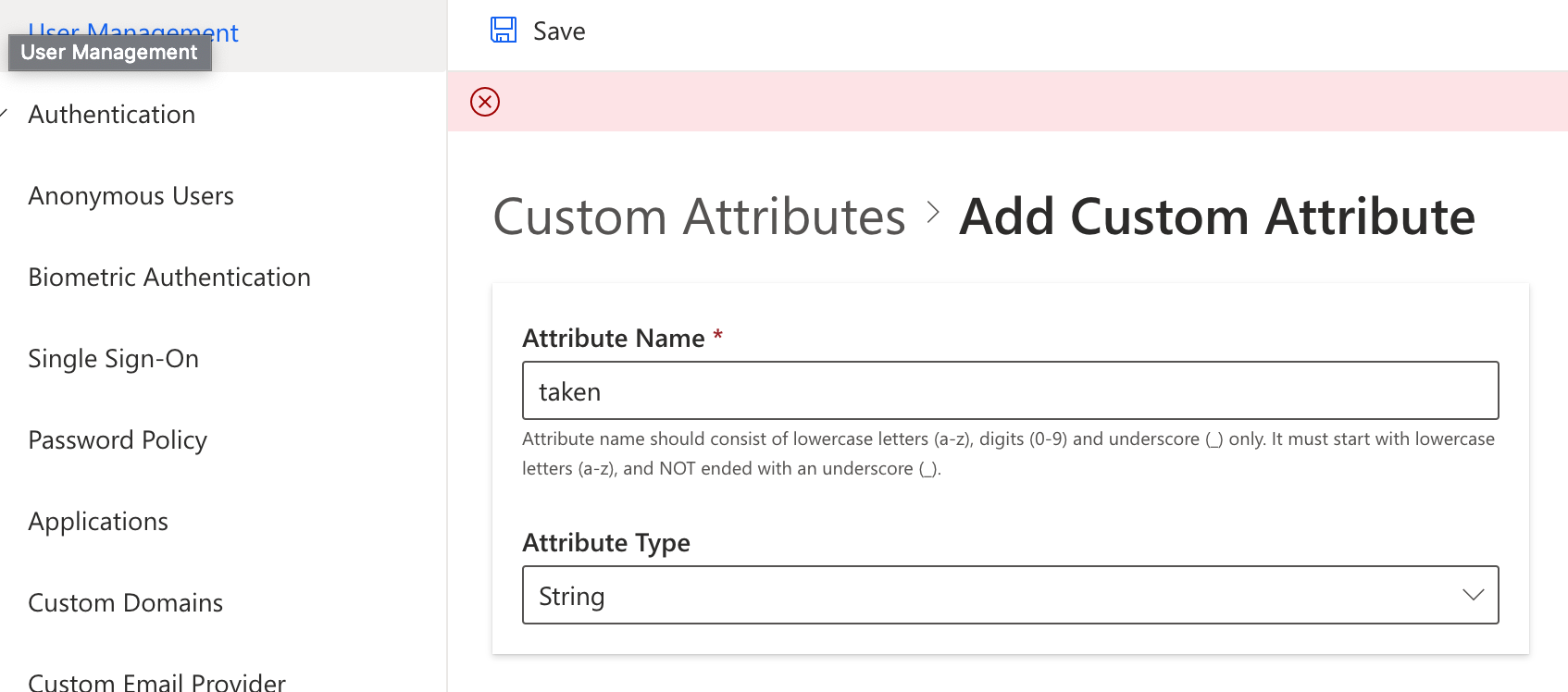 [Admin portal, Custom attributes] Shows empty error message upon adding ...