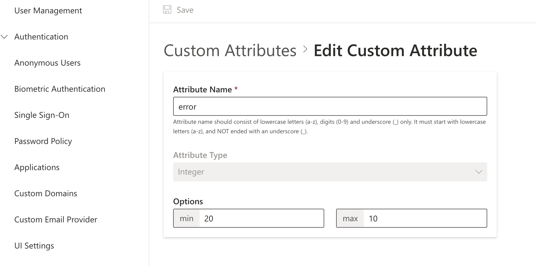 [Admin portal, Custom attributes] Missing validation on min-max value ...