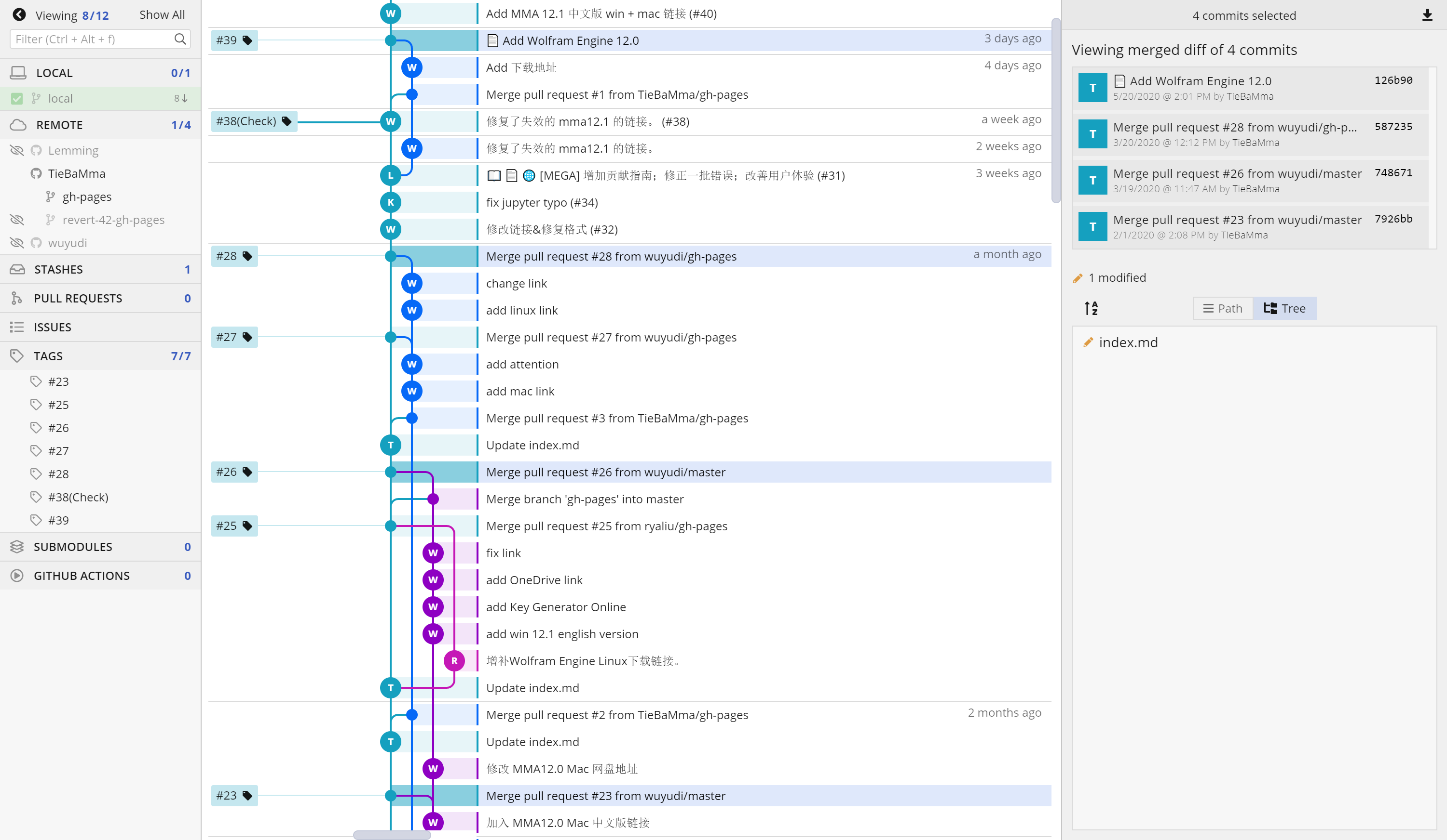 2020-05-24_TieBaMma/InstallTutorial commit history by GitKraken