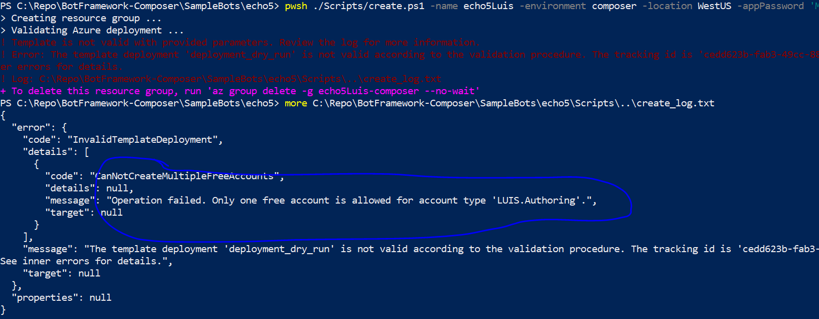 Deploy bot to azure always complains "Operation failed. Only one free ...
