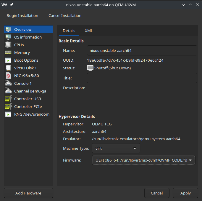 Virtualising AArch64 with UEFI virtmanager complains about