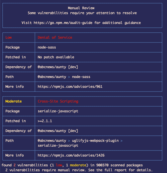 npm found 2 vulnerabilities · Issue #104 · abcnews/aunty · GitHub