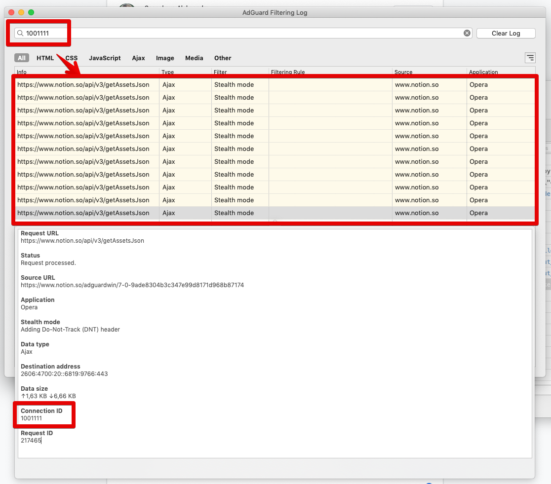 Add the ability to search requests in filtering log by connection ID ...