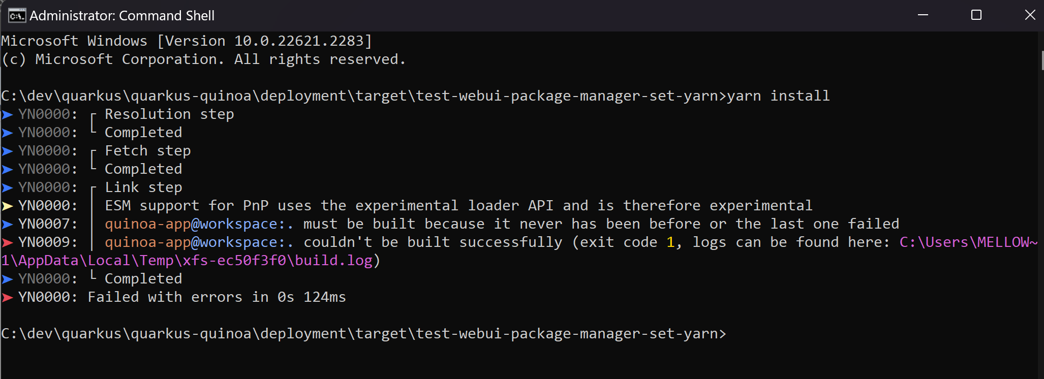 Error while yarn package manager install with frozenlockfile
