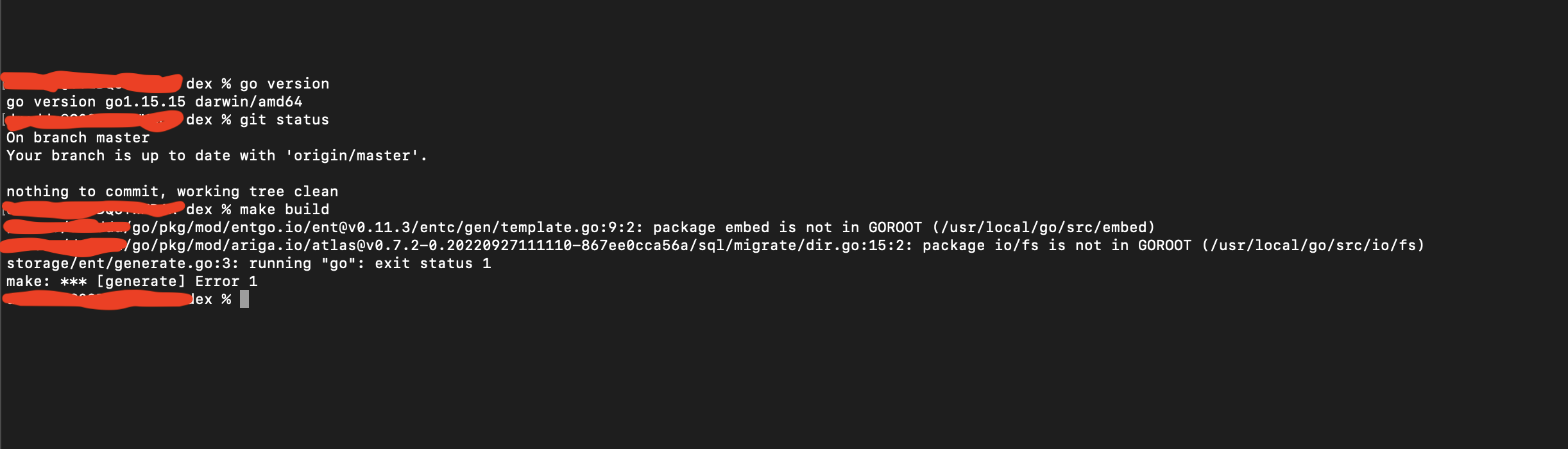 Building the dex binary returning error with golang version 1.15 ...