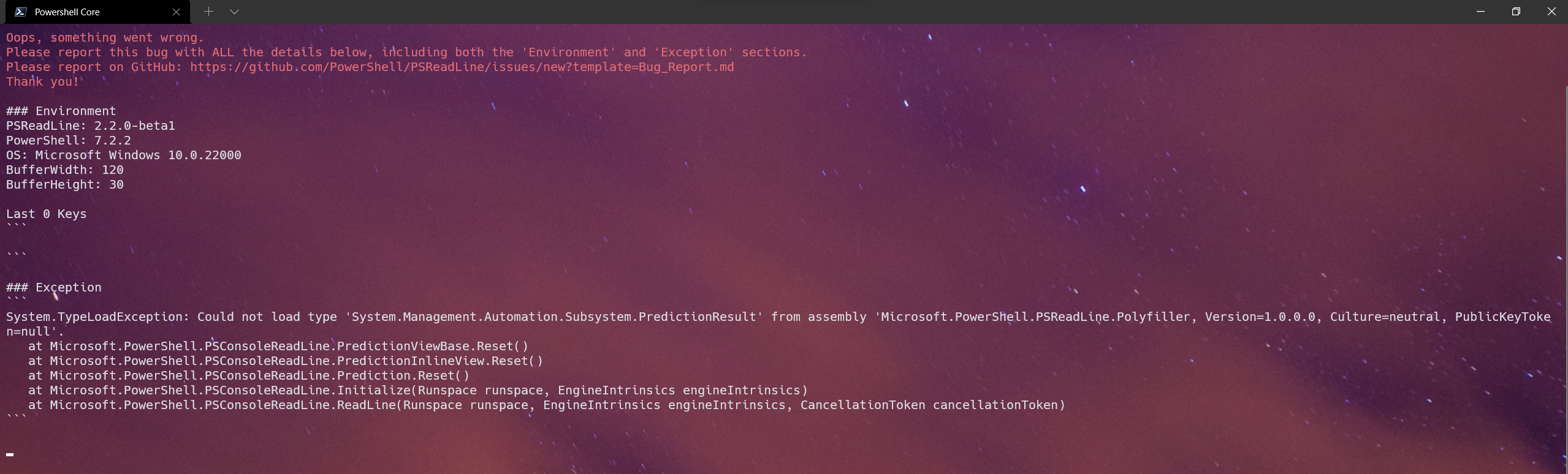 PS 7.2.2 error upon launch · Issue #3253 · PowerShell/PSReadLine · GitHub