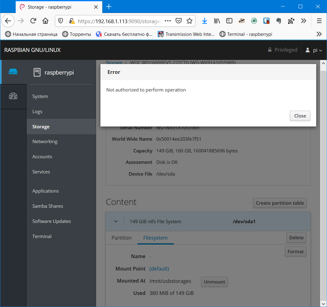 Raspbian Not authorized to perform operation · Issue 14136 · cockpit