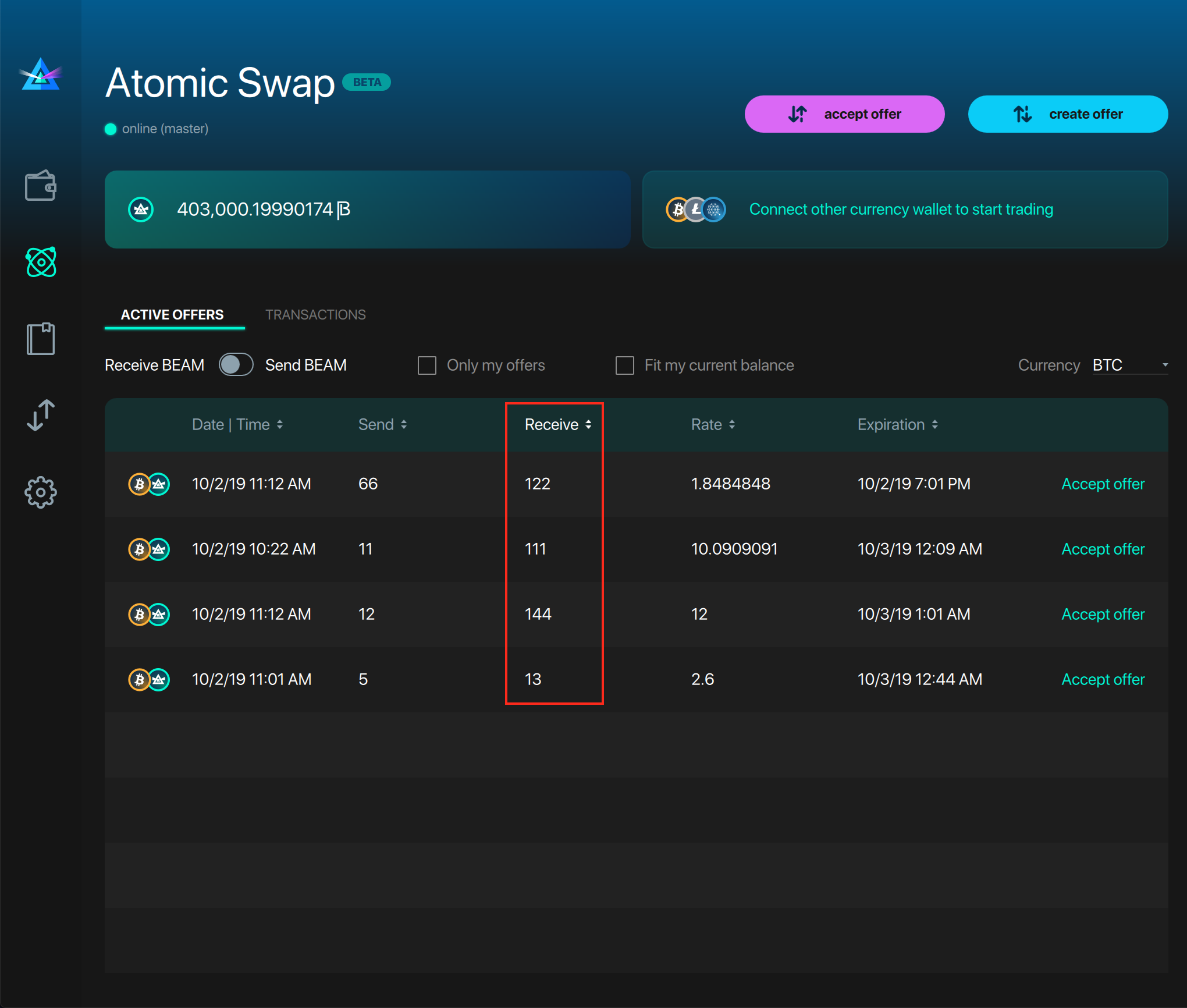 [UI Wallet] Atomic Swap screen: table sorting works incorrectly for ...